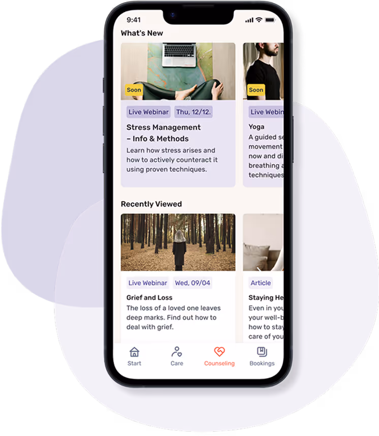 Smartphone with app view in the “News” section. Recommendations for live webinars such as “stress management” and “yoga” are visible. The bottom section features recently viewed content, including a webinar on grief and loss.
