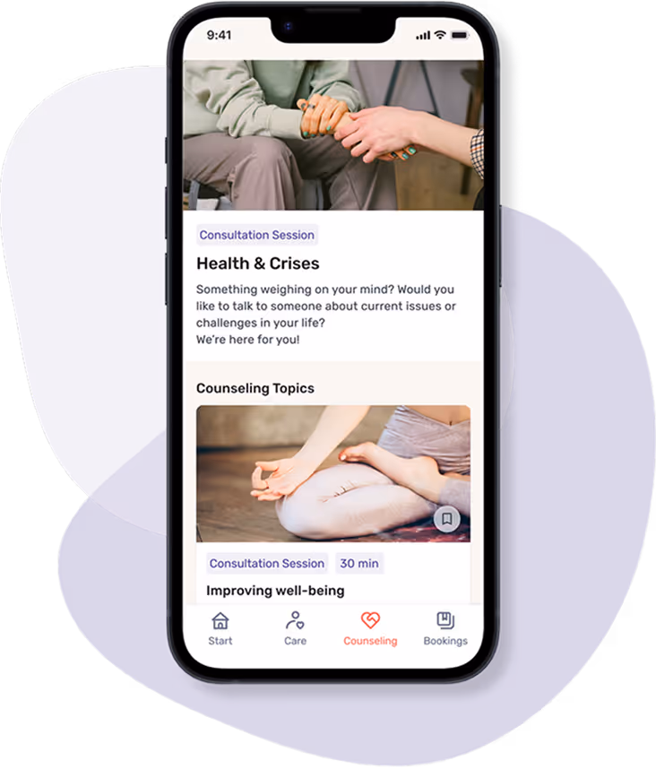 Smartphone with an open app in the “Personal Advice” section. Above is a picture of two people holding hands. This includes a consultation on health and crises. This is followed by other suggested topics, such as “Improving wellbeing.
