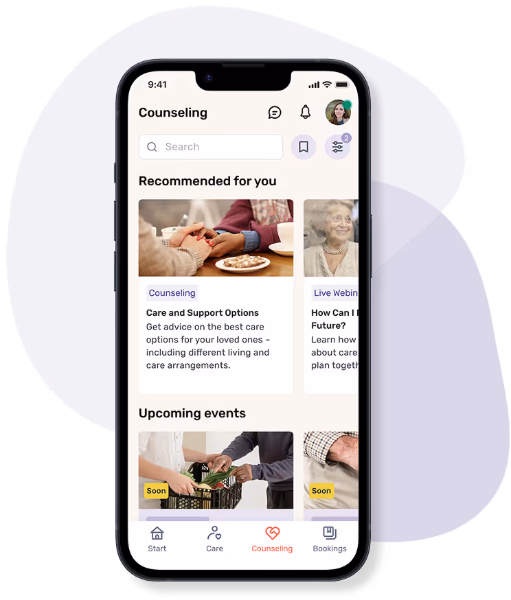 Smartphone with an open app in the consulting area. The top panel shows recommendations on care options and a webinar on how to prepare for care. This is followed by the “Next Events” section with events related to care and support.