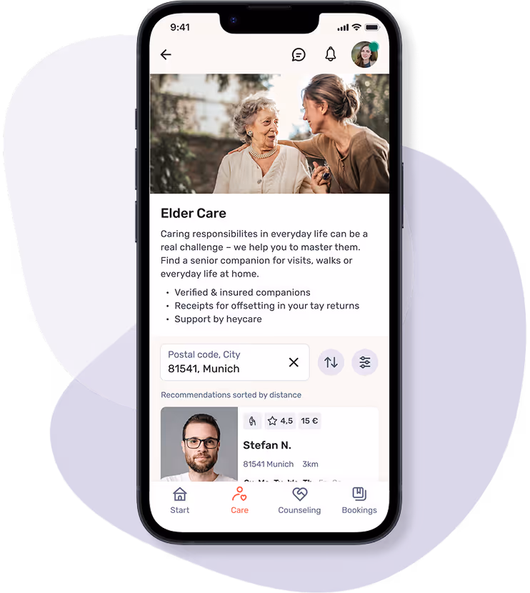 Smartphone shows the app view for elderly care. Above is a picture of a younger woman talking to an older lady. These include benefits of support and local offers such as a supervisor profile (Stefan N., Munich).