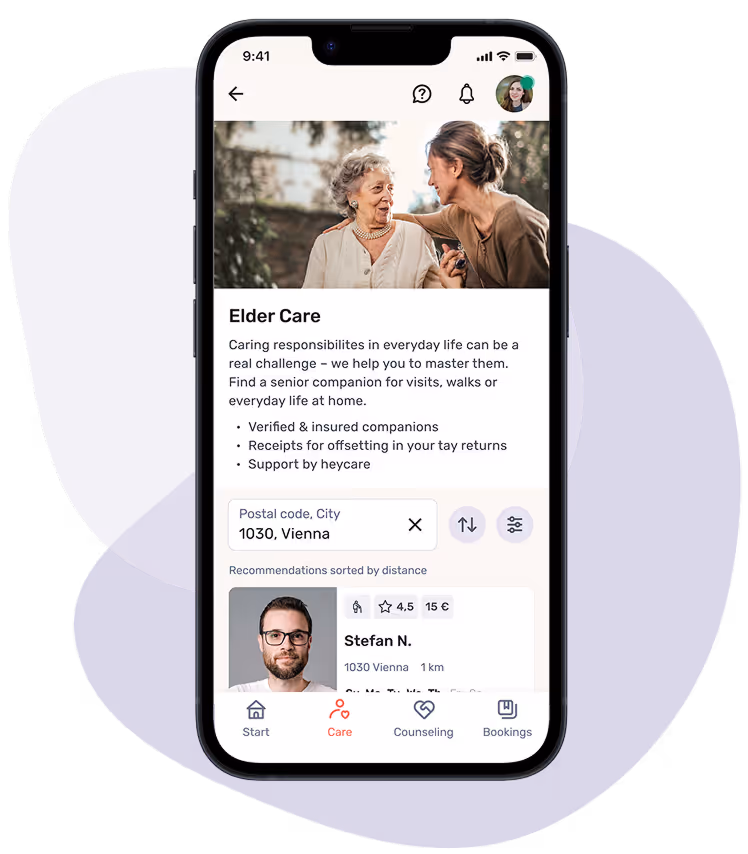 Smartphone with an open app in the “pet care” section. Above, a picture of dog and cat sitting side by side on the ground. These include benefits of support and recommendations from nearby areas, such as Manuela F. from Munich.
