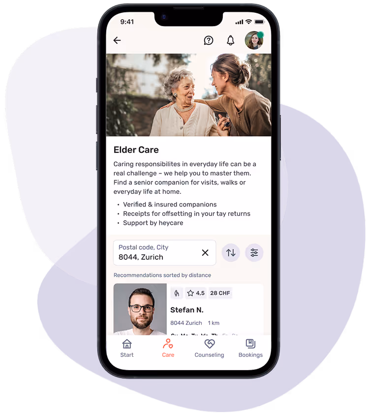 Smartphone shows the app view for elderly care. Above is a picture of a younger woman talking to an older lady. These include benefits of support and local offers such as a supervisor profile (Stefan N., Munich).