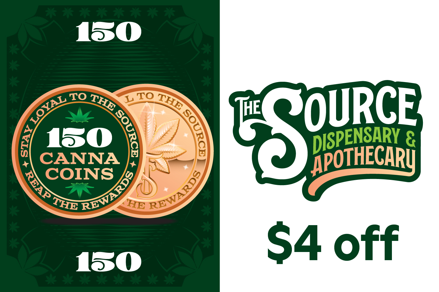 A dark green awards badge with the text 100 CannaCoins decorated by two marijuana leaves