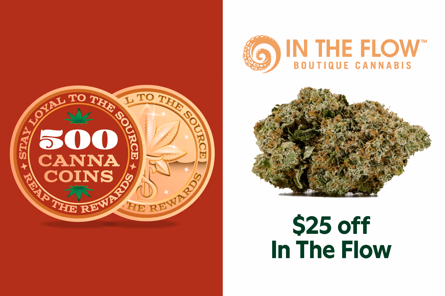 A green rewards badge with the text 500 CannaCoins decorated by two marijuana leaves indicating that 500 cannacoins can be exchanged for any flavor of the source apothecary's 500mg vape cart