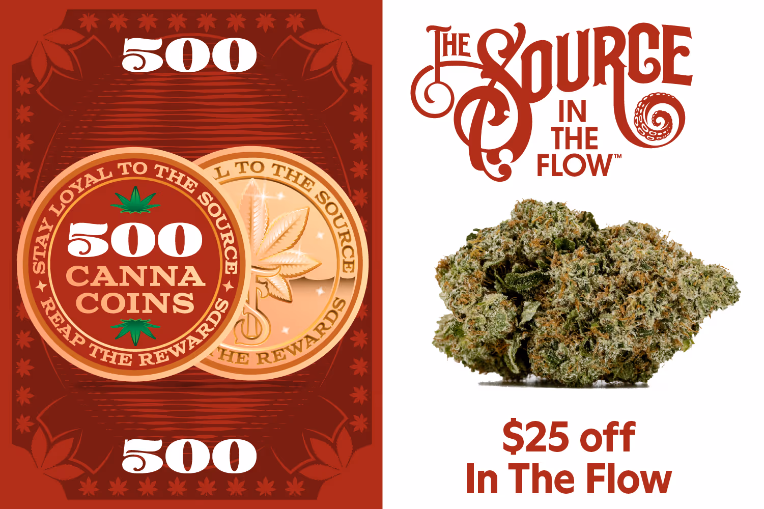A green rewards badge with the text 500 CannaCoins decorated by two marijuana leaves indicating that 500 cannacoins can be exchanged for any flavor of the source apothecary's 500mg vape cart