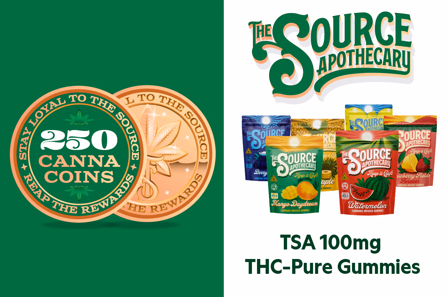 A green rewards badge with the text 250 CannaCoins decorated by two marijuana leaves indicating that 250 cannacoins can be exchanged for any flavor of the source apothecary's signature formula gummies