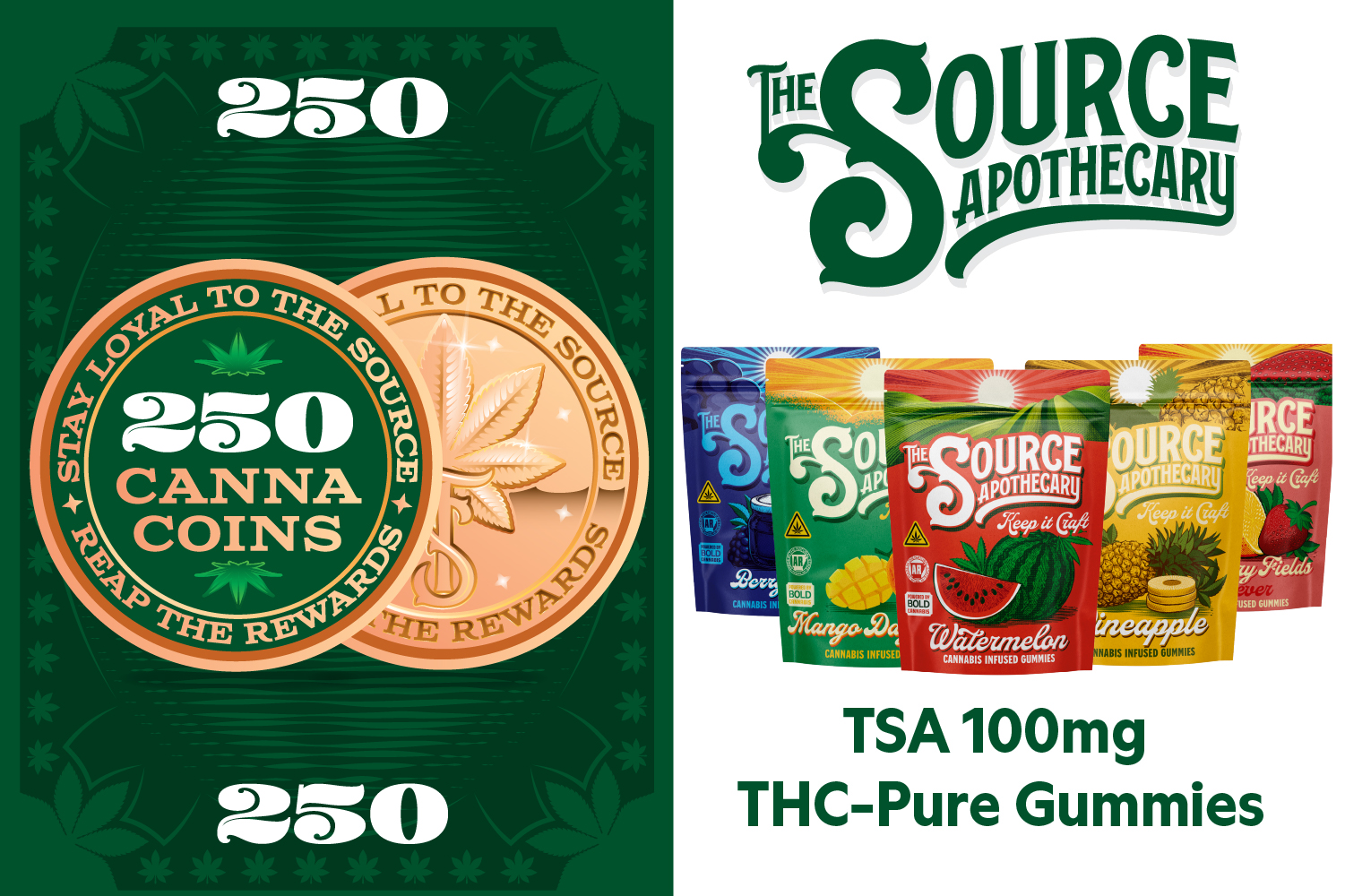 A green rewards badge with the text 250 CannaCoins decorated by two marijuana leaves indicating that 250 cannacoins can be exchanged for any flavor of the source apothecary's signature formula gummies