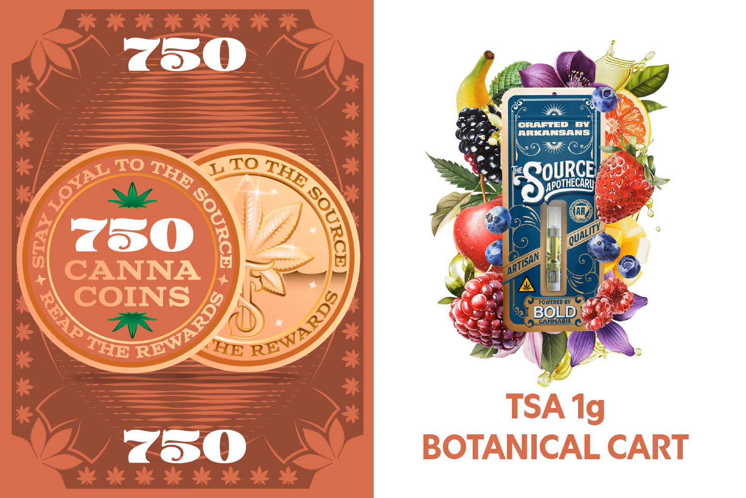 A green rewards badge with the text 800 CannaCoins decorated by two marijuana leaves indicating that 800 cannacoins can be exchanged for any flavor of the source apothecary's 1g vape cart