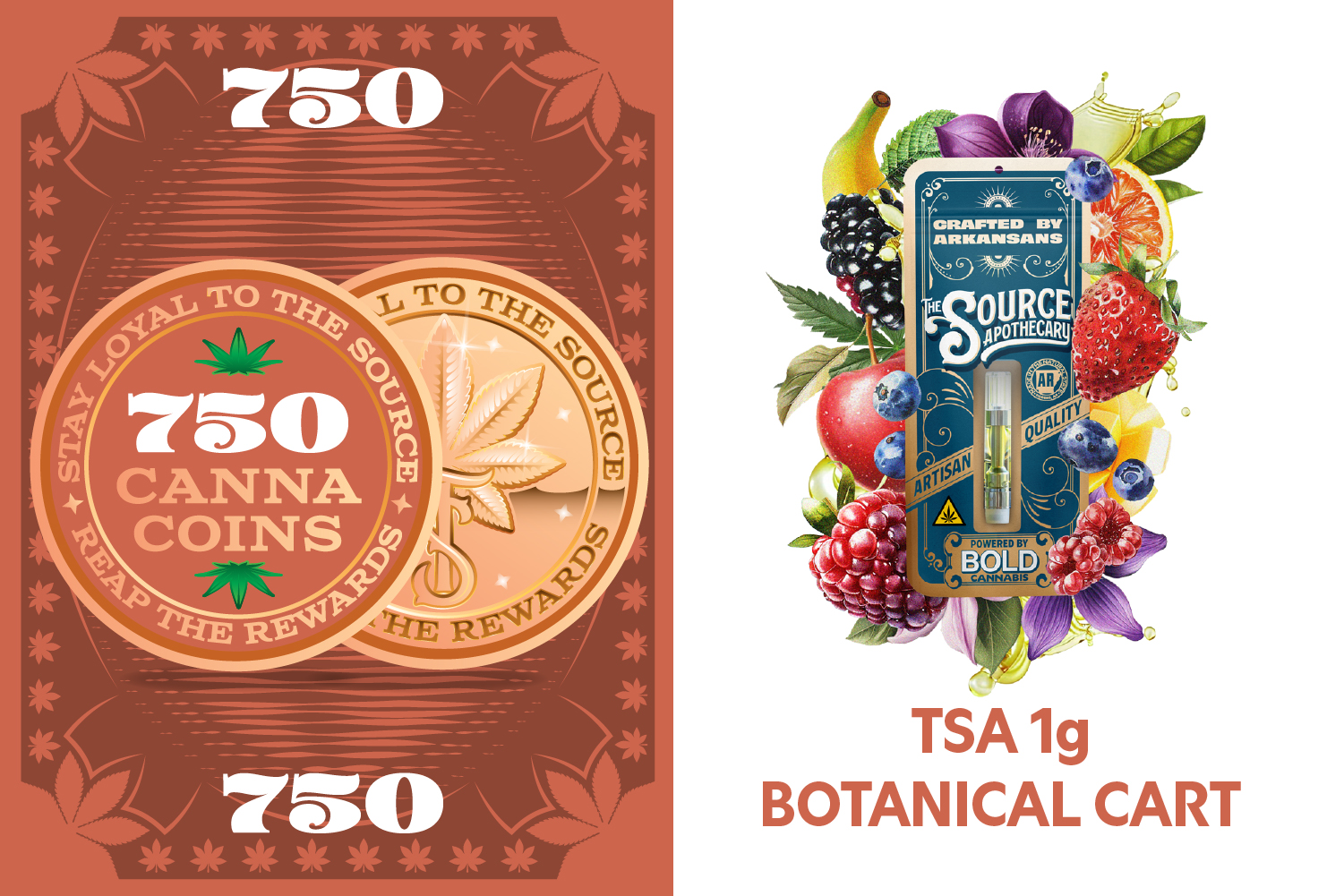 A green rewards badge with the text 800 CannaCoins decorated by two marijuana leaves indicating that 800 cannacoins can be exchanged for any flavor of the source apothecary's 1g vape cart