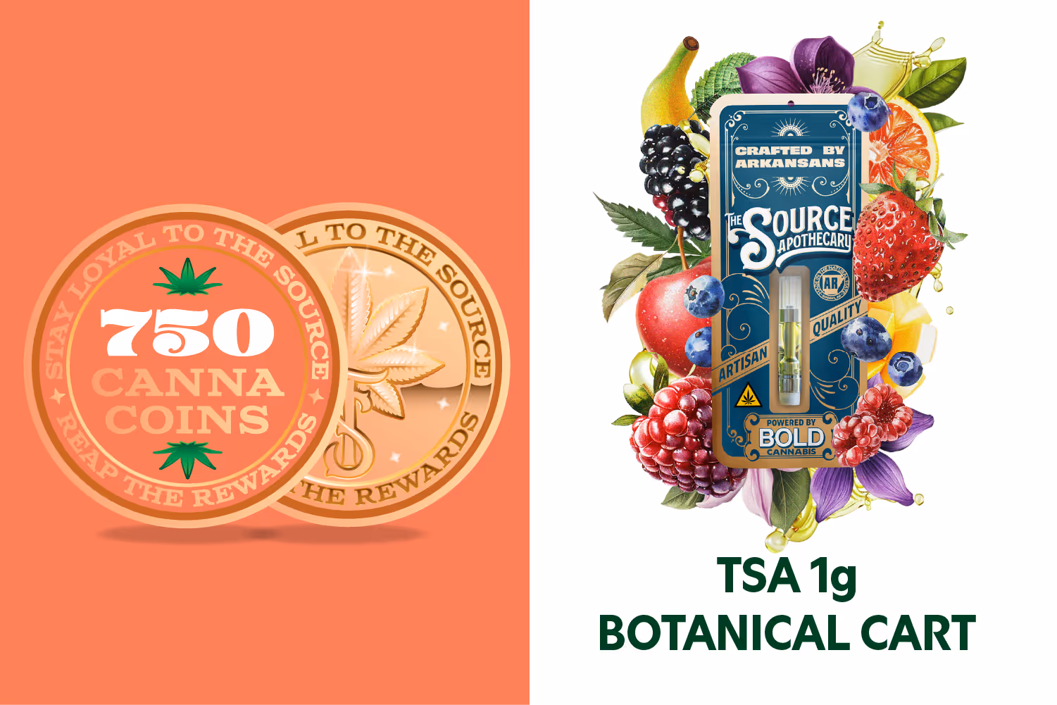 A green rewards badge with the text 800 CannaCoins decorated by two marijuana leaves indicating that 800 cannacoins can be exchanged for any flavor of the source apothecary's 1g vape cart