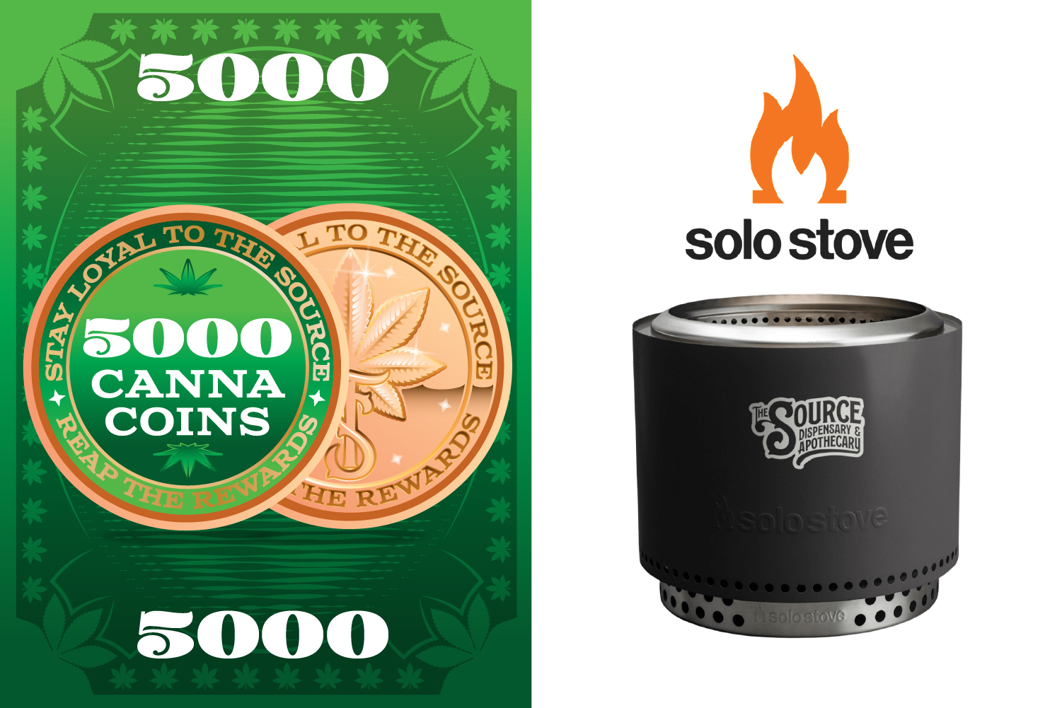 A golden awards badge with the text 5000 CannaCoins decorated by two marijuana leaves