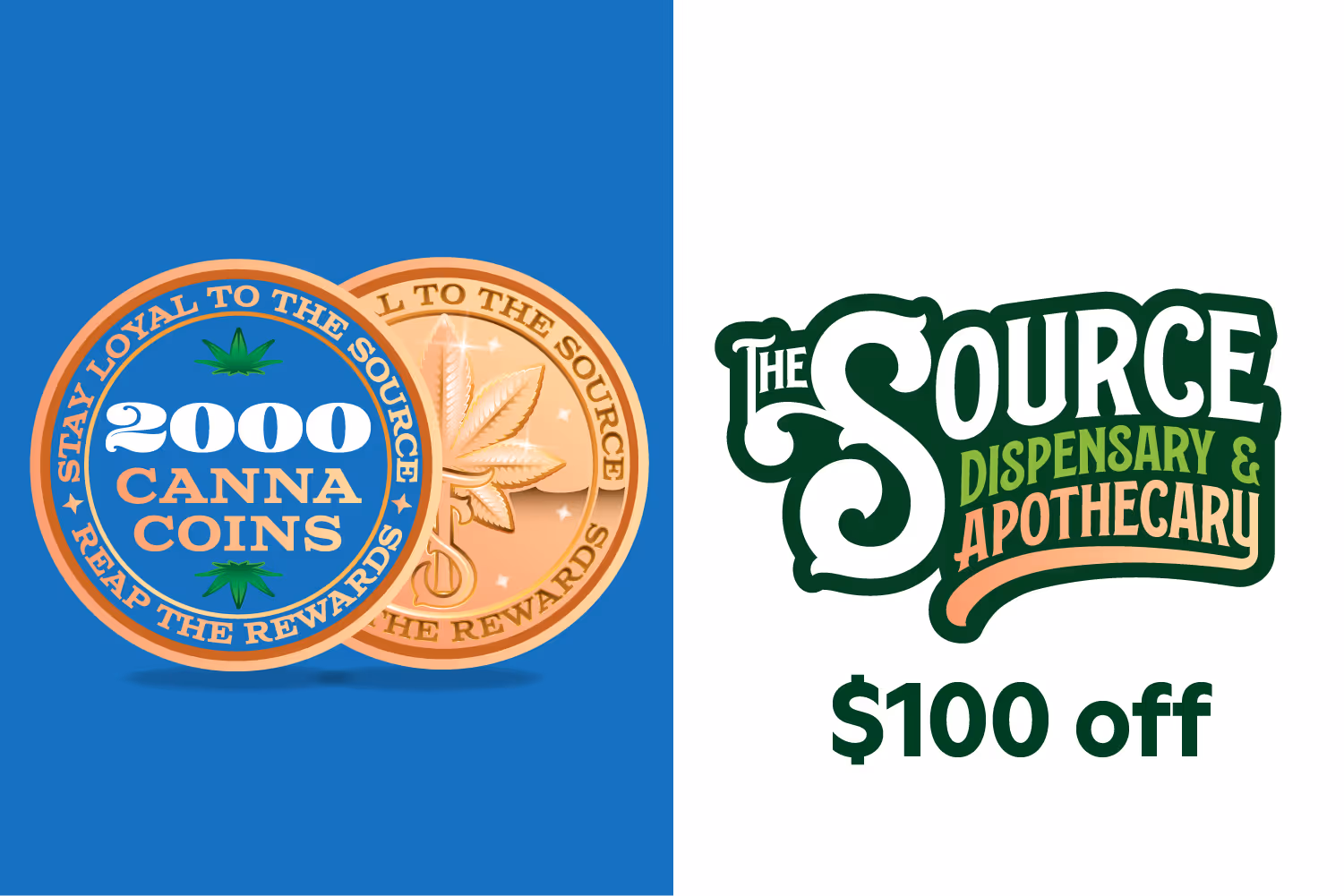 A golden awards badge with the text 5000 CannaCoins decorated by two marijuana leaves