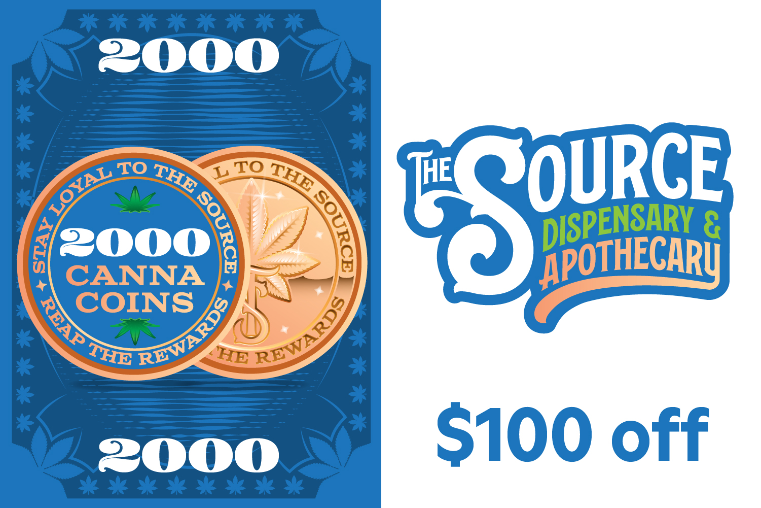 A golden awards badge with the text 5000 CannaCoins decorated by two marijuana leaves