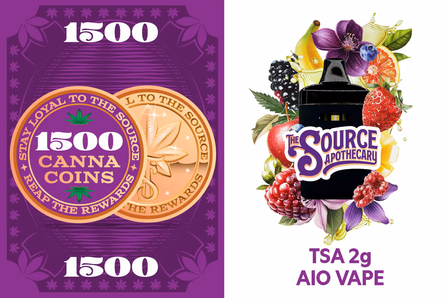 A golden awards badge with the text 5000 CannaCoins decorated by two marijuana leaves