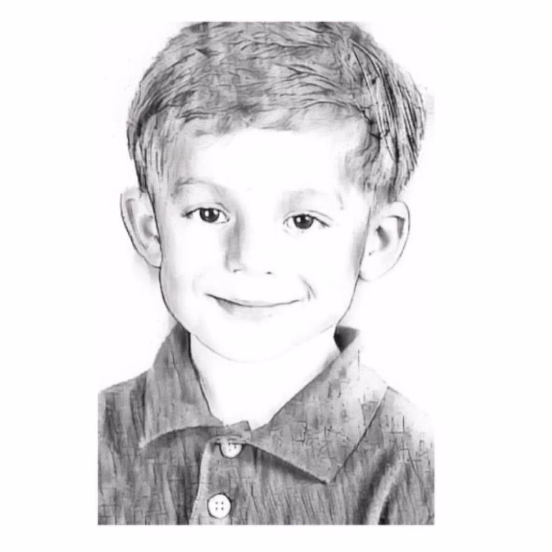 Black and white pencil sketch portrait of young Isaiah Torres smiling, wearing buttoned collar shirt, artistic drawing with detailed shading, childhood portrait illustration.