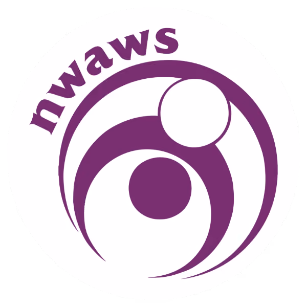 Northwest Arkansas Women’s Shelter logo in purple featuring abstract circular design with two connected spherical elements, representing community or connection.