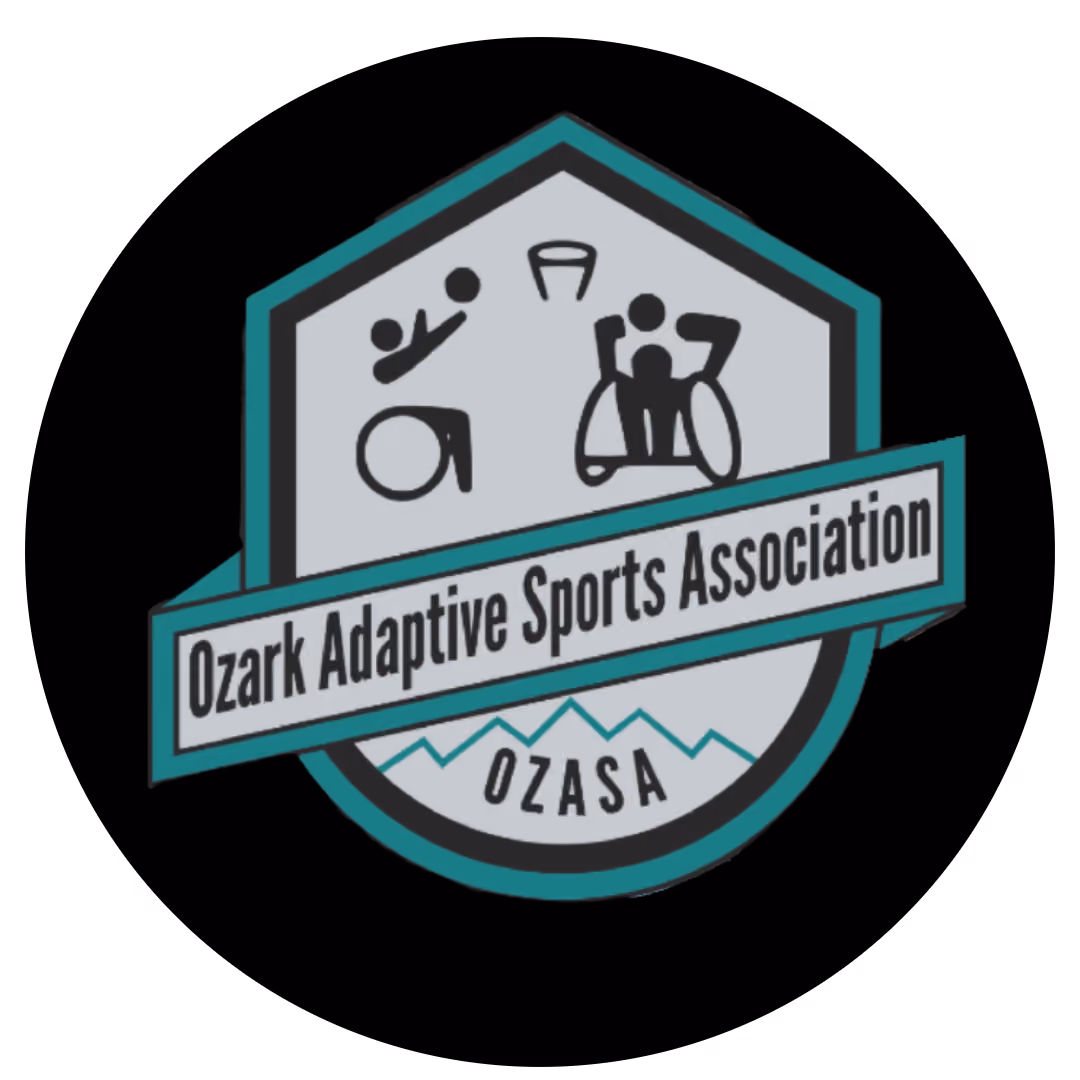 Ozark Adaptive Sports Association (OZASA) logo featuring turquoise and gray shield design with adaptive sports icons, wheelchair athlete symbol, and mountain wave pattern on black circular background.