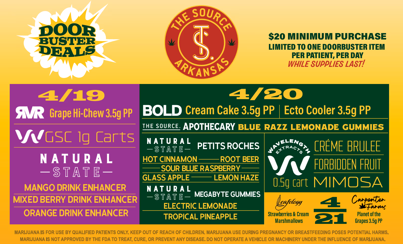 Graphic illustration of doorbuster deals available during 420 Fiesta weekend at The Source Craft Cannabis in Rogers, AR. Doorbuster dals are divided by date and separated by different colors with a yellow gradient background.
