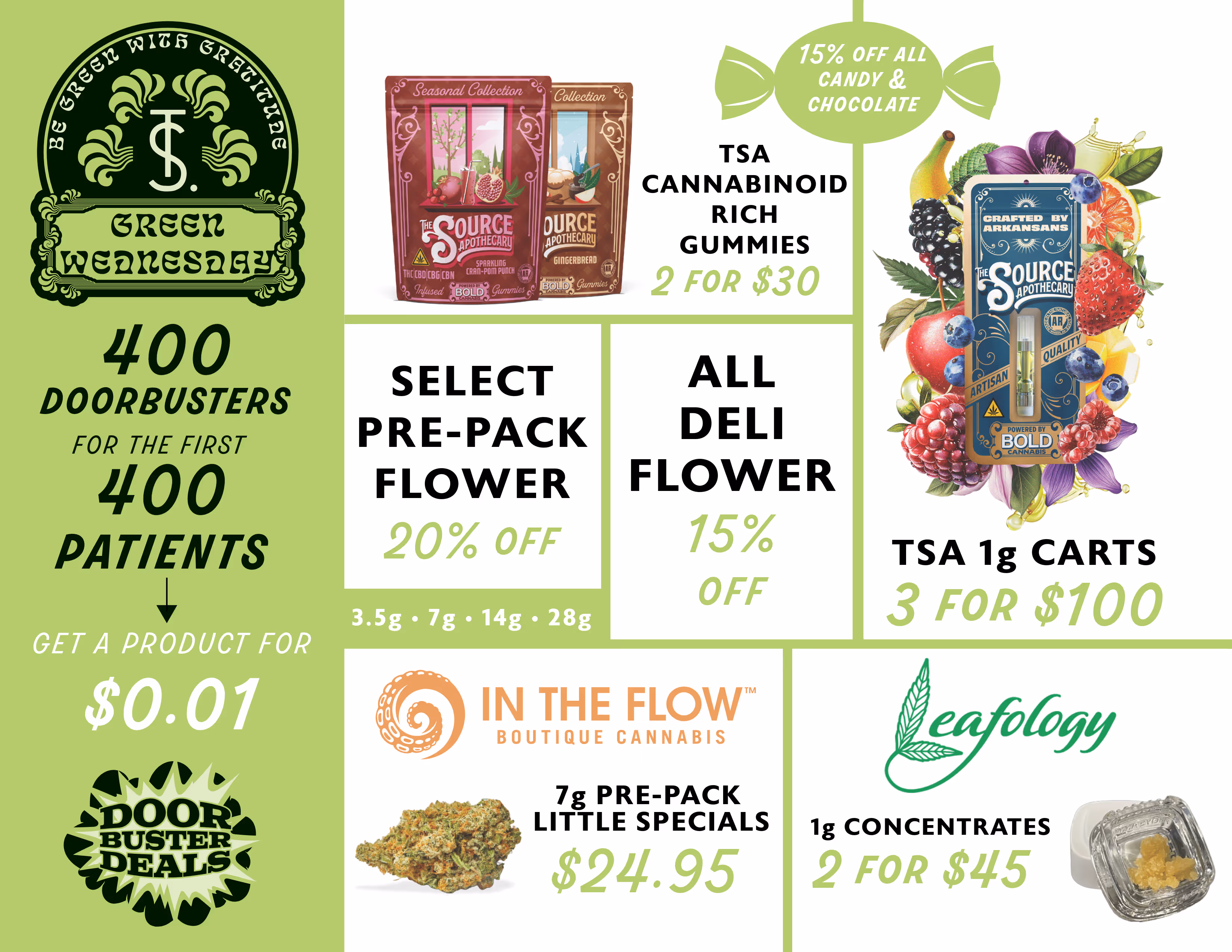 Cannabis dispensary promotional advertisement showing various deals and discounts, including sales on pre-packaged products, concentrates, and special offers for new customers. Features green and white color scheme with product images and pricing details.