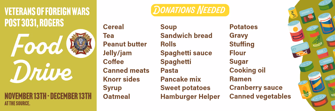 Veterans of Foreign Wars Post 3031 Rogers food drive poster listing needed donations including cereal, soup, pasta, and canned goods. Event runs November 13th to December 13th at The Source. Features VFW emblem and decorative canned food illustrations.