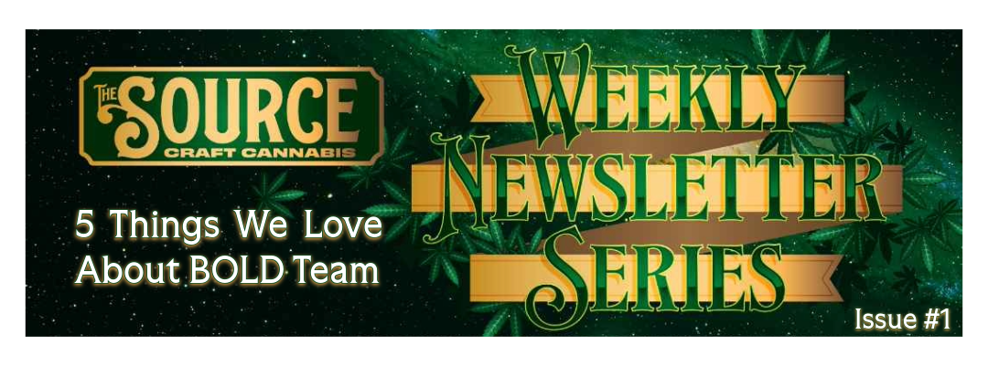 The Source Craft Cannabis Weekly Newsletter Series Issue #1 header featuring 5 Things We Love About BOLD Team with green cannabis leaf background and gold banner design