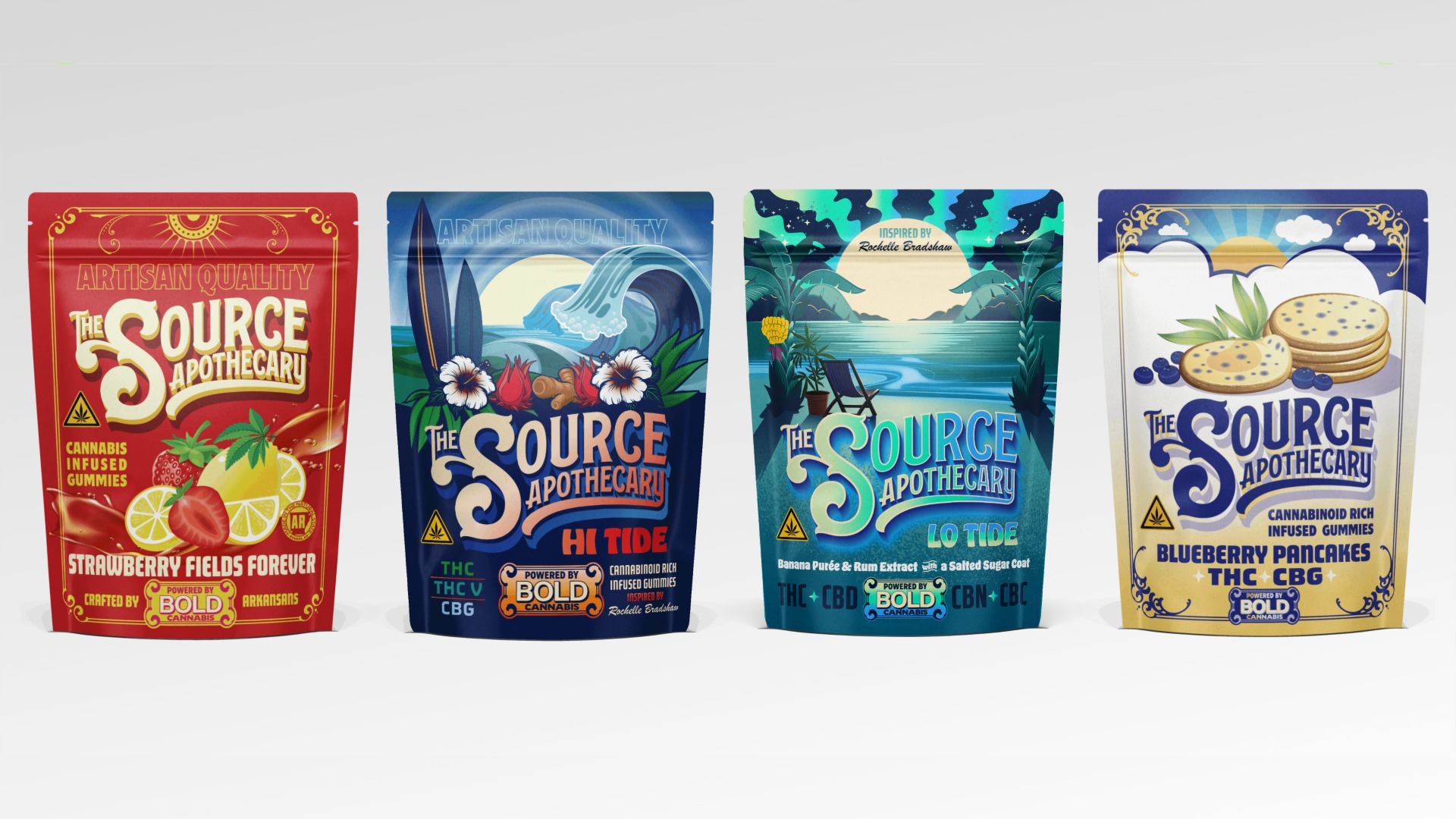 The Source Apothecary (TSA) cannabis gummies collection featuring BOLD distillate including Strawberry Fields Forever, Hi Tide, Lo Tide, and Blueberry Pancakes flavors.