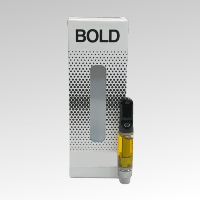BOLD Cannabis branded live resin vape cartridge with golden oil in sleek white packaging box.