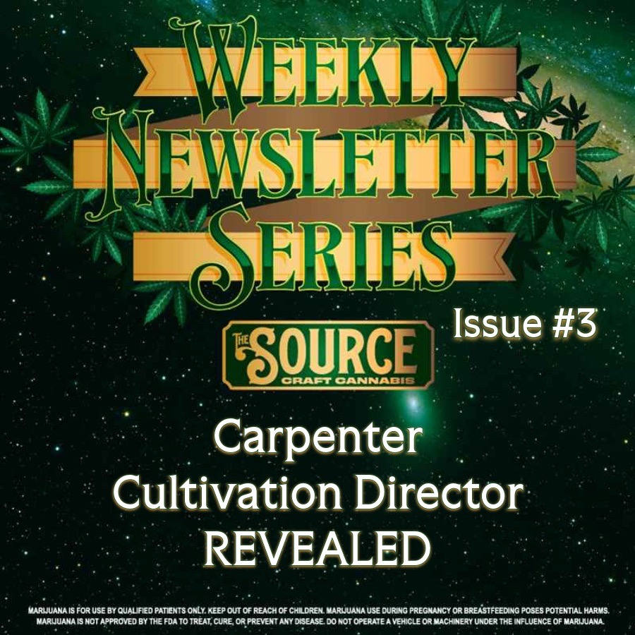The Source Craft Cannabis Weekly Newsletter Series Issue #3 header featuring Carpenter Cultivation Director Revealed with green cannabis leaf background and gold banner design.