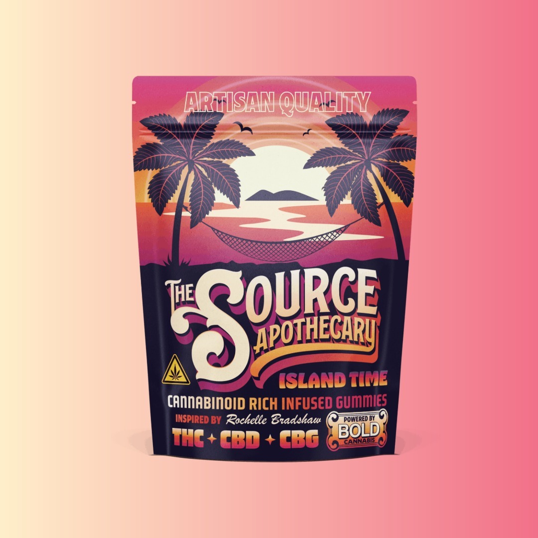 Island Time cannabis gummies product package by The Source Apothecary featuring artisan quality cannabinoid-rich infused gummies with tropical island sunset design.