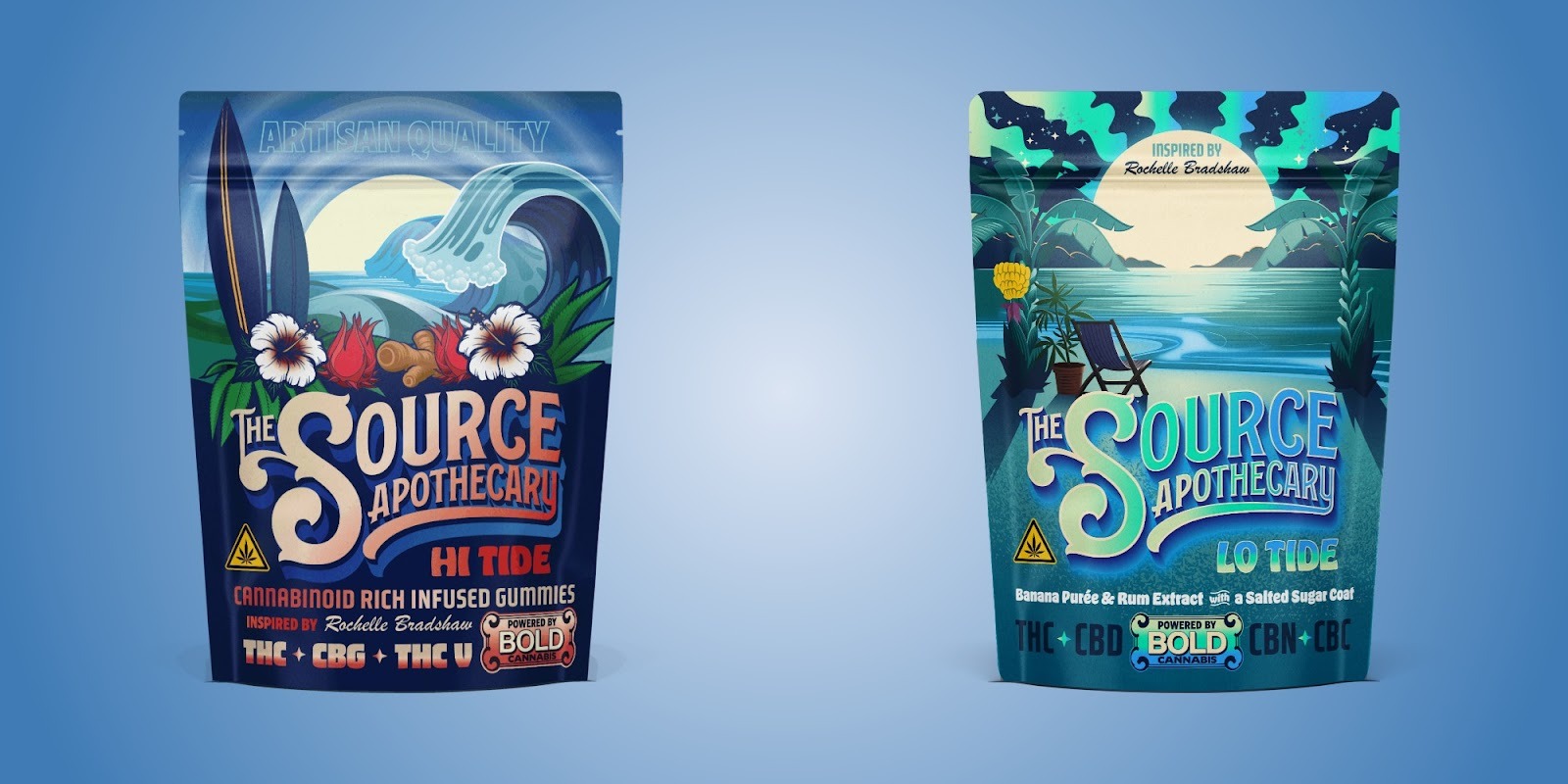 Hi Tide and Lo Tide cannabis gummies packaging by The Source Apothecary. Hi Tide features hibiscus sorrel flavors and is enriched with CBG, THC, and THCV. Lo Tide features a banana rum flavor and contains cannabinoids THC, CBD, CBC, and CBN.