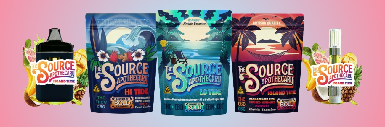 Rochelle Bradshaw’s complete Island Girl signature cannabis product collection by The Source Apothecary including Island Time, Hi Tide, and Lo Tide gummies, as well as Island Time vape cartridges featuring tropical island packaging design.