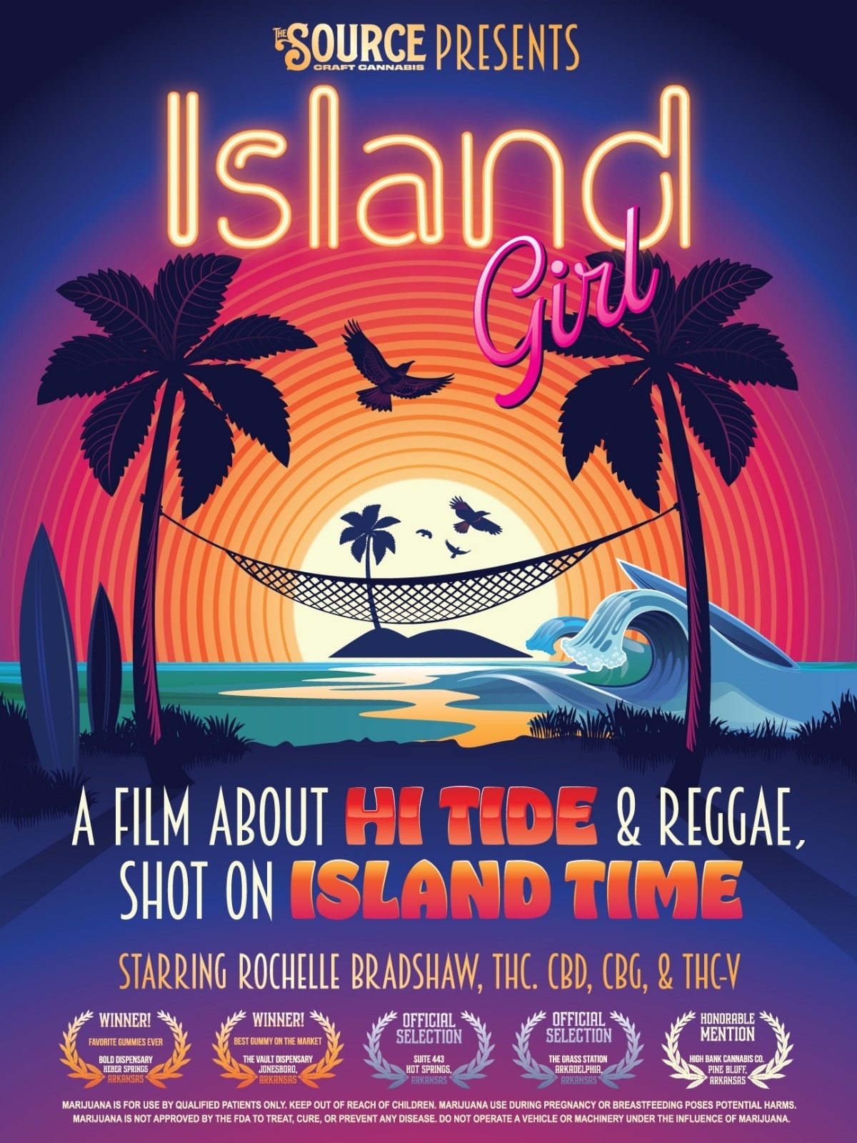 Island Girl film poster by The Source cannabis dispensary featuring Rochelle Bradshaw with tagline "A film about Hi Tide and reggae, shot on Island Time" showcasing cannabis gummies and reggae music themes with award laurels and tropical sunset branding.