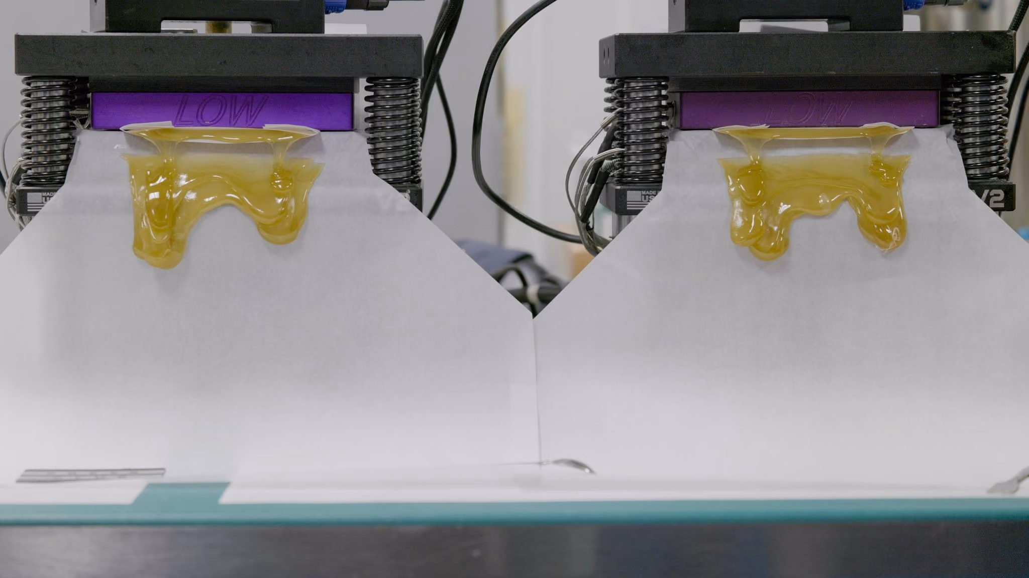 Golden cannabis oil being dispensed from extraction equipment at Arkansas medical marijuana production facility.