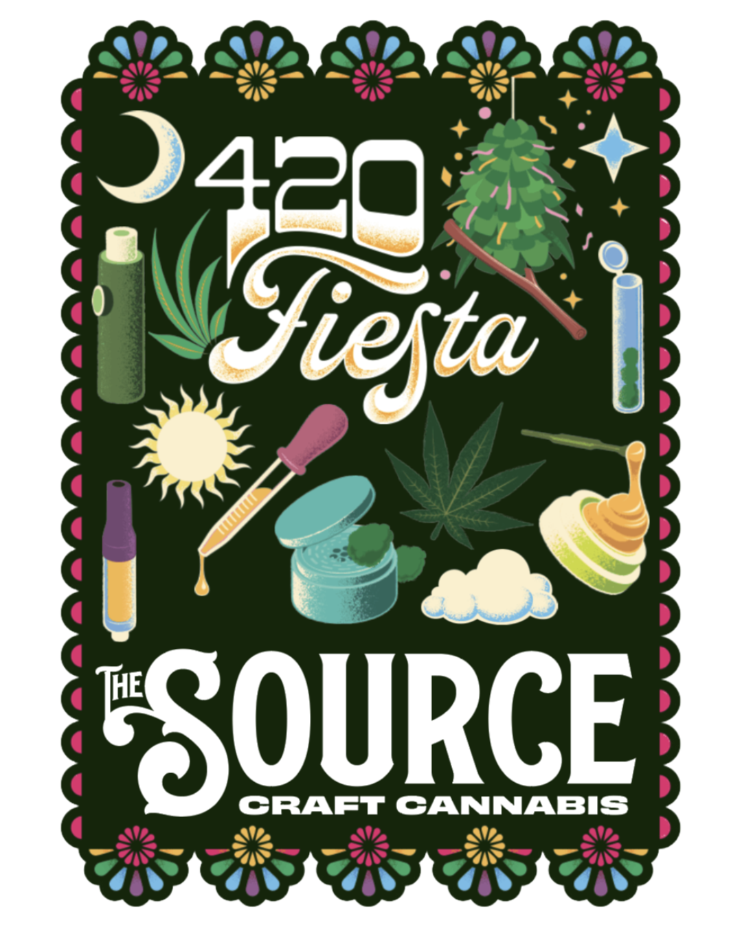 The Source Craft Cannabis 4/20 Fiesta promotional graphic with Mexican folk art style design featuring cannabis leaves and products.
