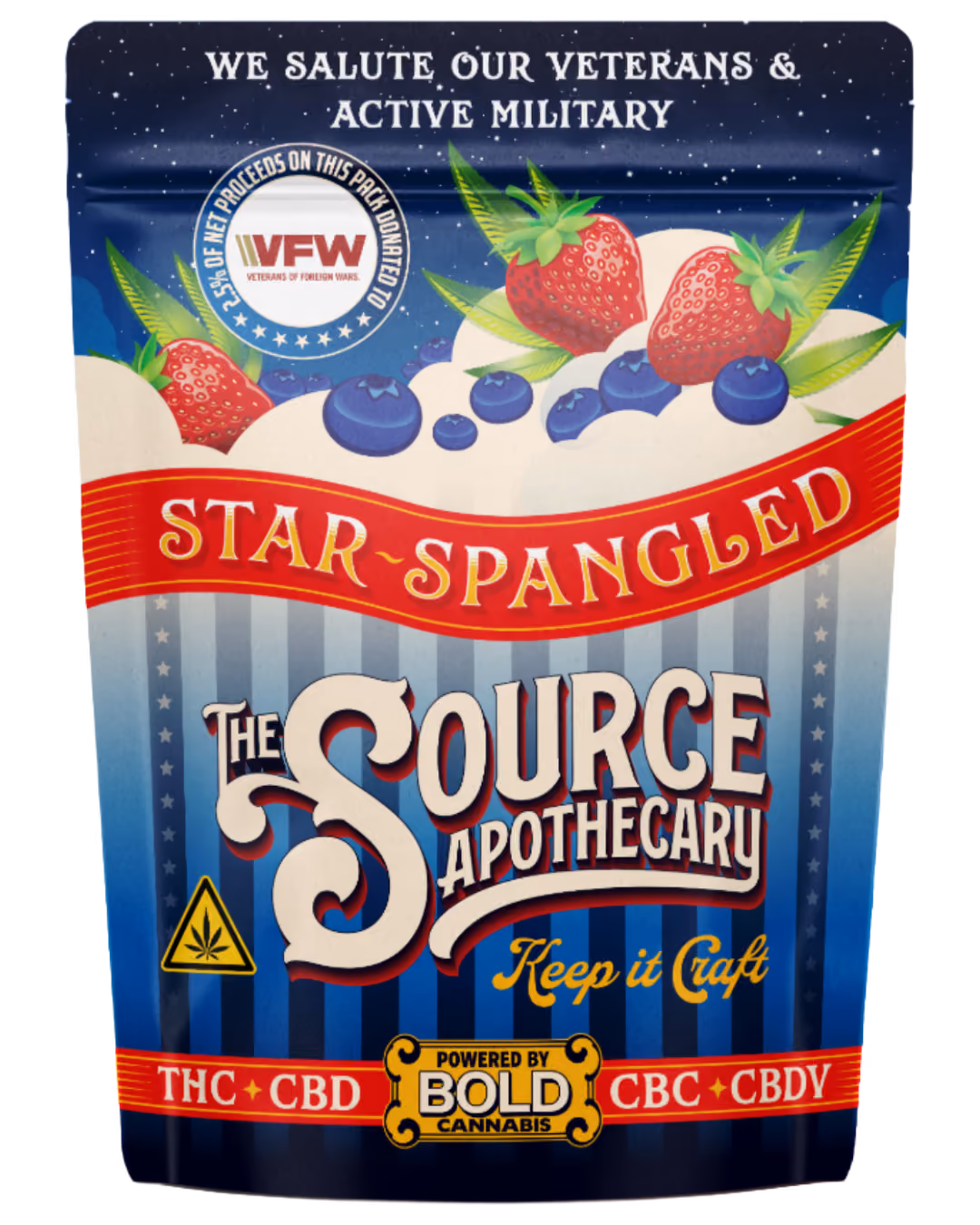 The Source Apothecary Star Spangled cannabis gummies package with VFW partnership badge supporting veterans.