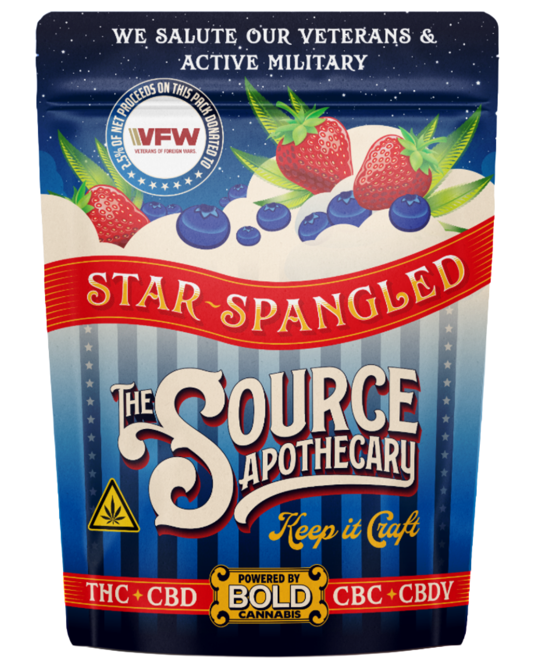The Source Apothecary Star Spangled cannabis gummies package with VFW partnership badge supporting veterans.