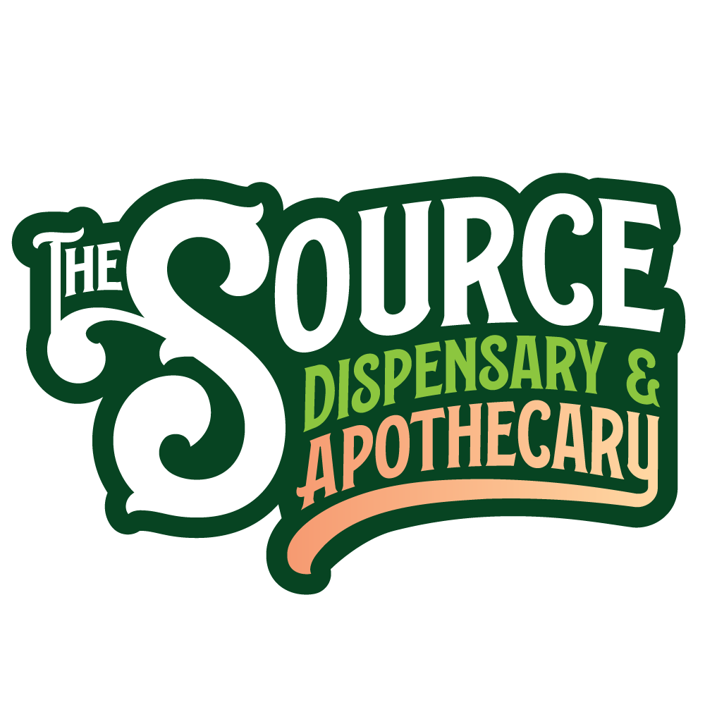 The Source Dispensary and Apothecary logo in green and coral with vintage lettering style for Rogers, Arkansas medical marijuana dispensary.