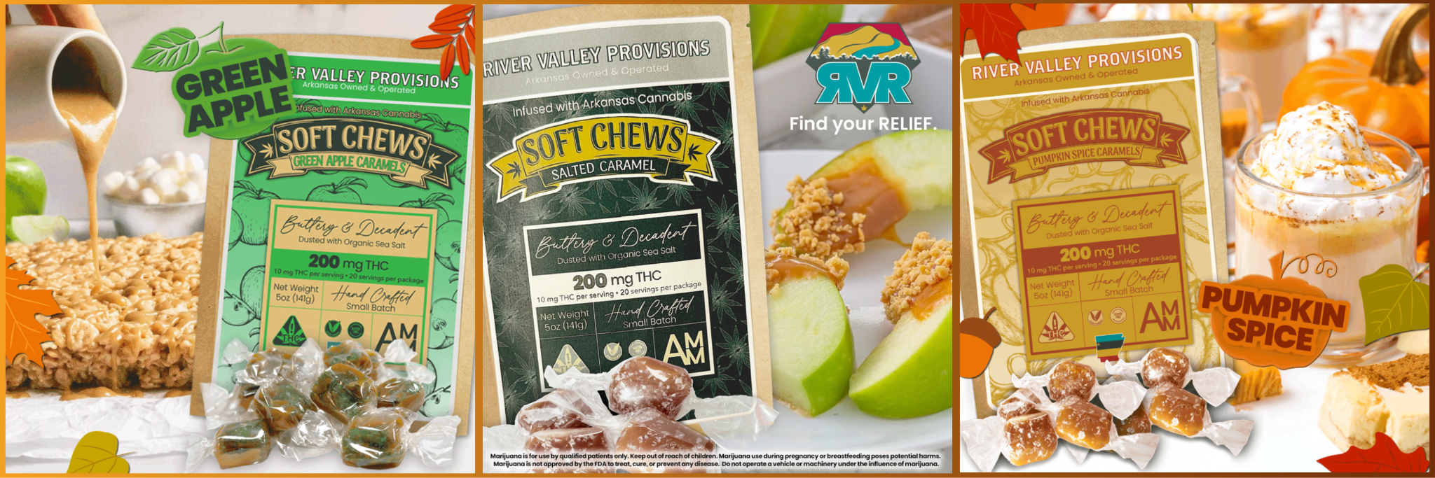 River Valley Provisions cannabis-infused caramel soft chews in Green Apple, Salted Caramel, and Pumpkin Spice flavors with fall-themed food styling featuring caramel apples and pumpkin spice latte, available at The Source dispensary located in Rogers, Arkansas.