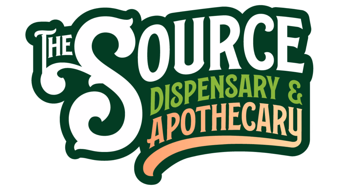 The Source Dispensary & Apothecary logo in dark green, lime, and peach lettering on a white background.