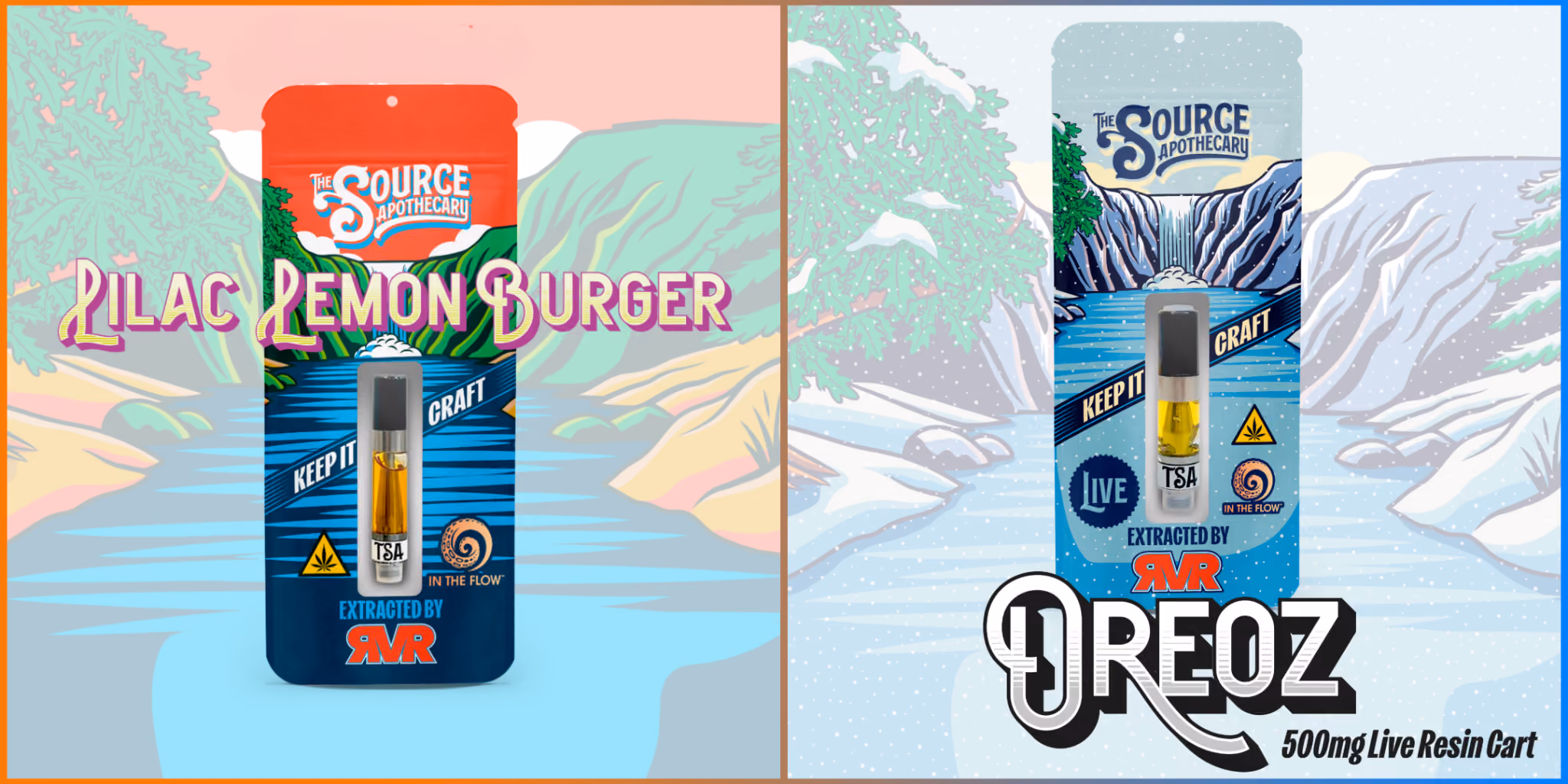 TSA's In The Flow Lilac Lemon Burger cured resin vape cartridge featuring waterfall landscape artwork in summer and Oreoz live resin vape cartridge featuring frozen waterfall in winter, extracted by RVR, and available at The Source dispensary located in Rogers, Arkansas.