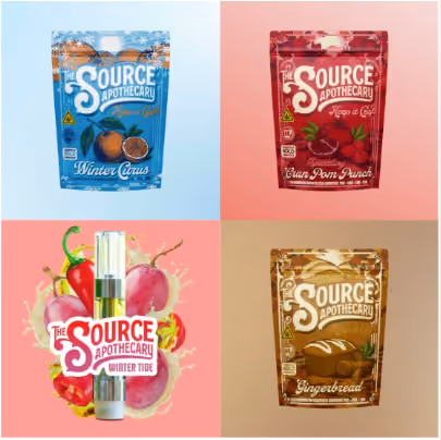 The Source Apothecary holiday cannabis gummy collection featuring Winter Citrus, Sparkling Cran Pom Punch, Gingerbread flavors, and Winter Tide vape cart.