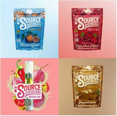 The Source Apothecary holiday cannabis gummy collection featuring Winter Citrus, Sparkling Cran Pom Punch, Gingerbread flavors, and Winter Tide vape cart.