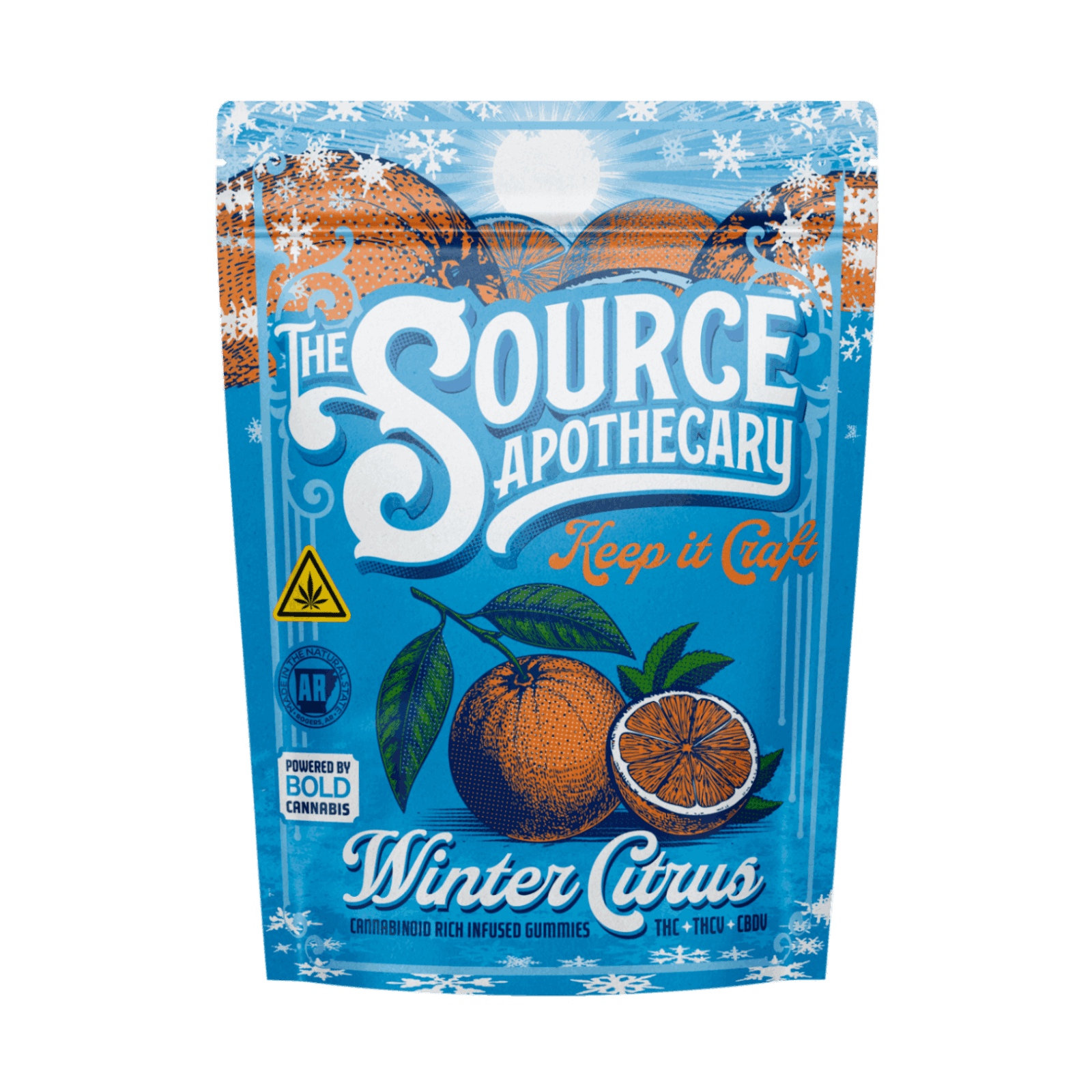 The Source Apothecary Winter Citrus limited edition cannabis gummies package with THC, THC-V, and CBD-V blend.