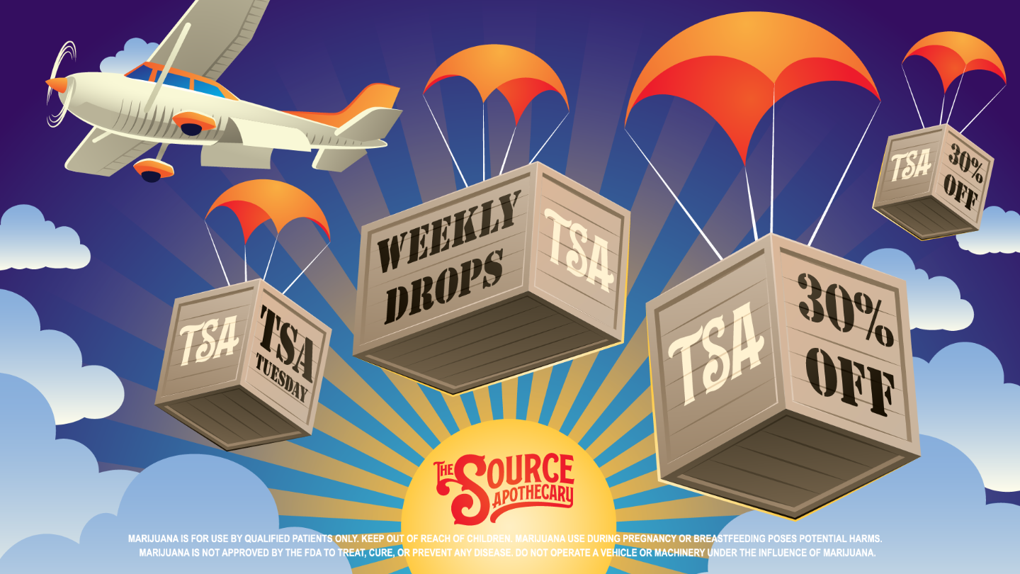 Illustrated promotional graphic for TSA Tuesday at The Source Apothecary in Rogers, Arkansas — wooden supply crates stamped with "TSA," "TSA Tuesday," "Weekly Drops," and "30% Off" parachute down from a small plane against a sunburst sky, advertising the weekly 30% discount on In The Flow and The Source Apothecary cannabis products every Tuesday.