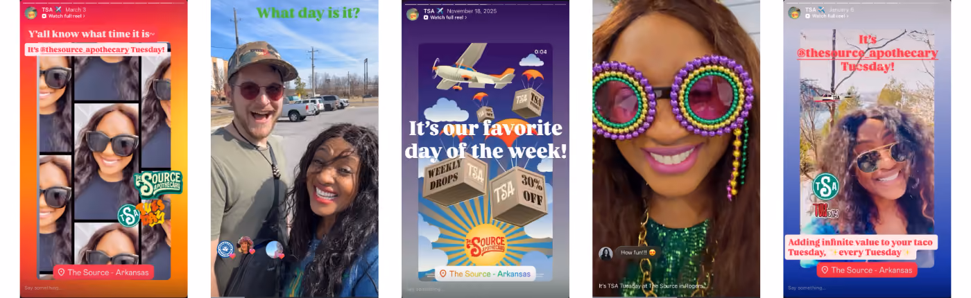 A collage of five Instagram Stories from The Source Apothecary in Rogers, Arkansas promoting TSA Tuesday — featuring staff and patients celebrating the weekly 30% off deal day, the TSA Weekly Drops animated graphic, and text overlays reading "Y'all know what time it is — it's @thesource_apothecary Tuesday!" and "Adding infinite value to your taco Tuesday, every Tuesday."