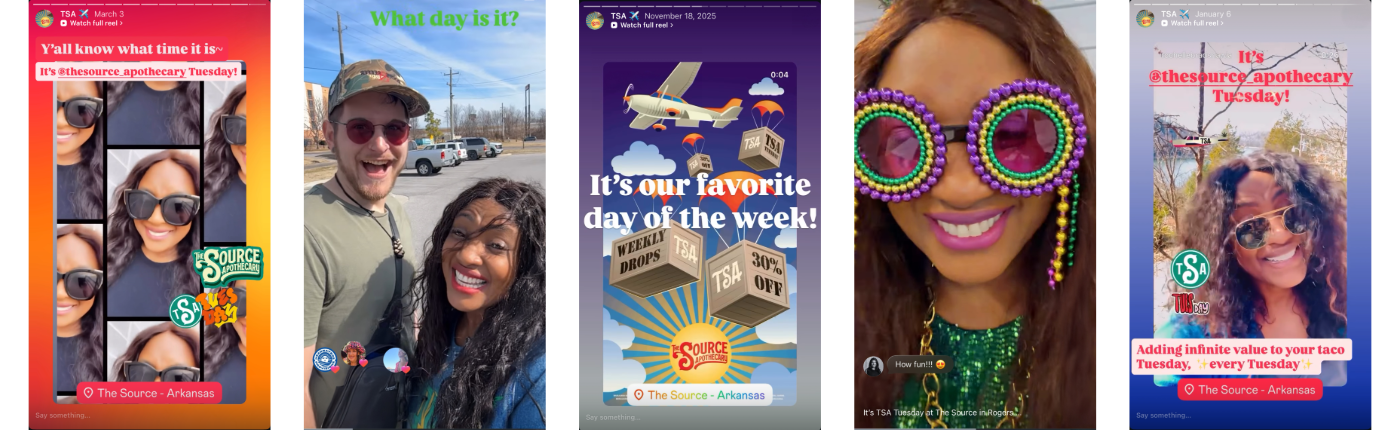 A collage of five Instagram Stories from The Source Apothecary in Rogers, Arkansas promoting TSA Tuesday — featuring staff and patients celebrating the weekly 30% off deal day, the TSA Weekly Drops animated graphic, and text overlays reading "Y'all know what time it is — it's @thesource_apothecary Tuesday!" and "Adding infinite value to your taco Tuesday, every Tuesday."