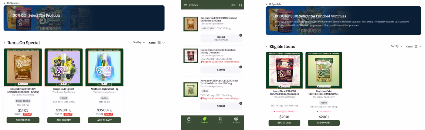 Screenshots of The Source Apothecary's online dispensary menu on Dutchie showing TSA Tuesday specials — including 30% off select TSA products and a BOGO for $0.01 deal on Enriched Gummies, with featured items including Gingerbread CBD/CBN Enriched Gummies, Grape Soda 1g Cart, Northern Lights 1g Cart, Island Time CBD/CBG Enriched Gummies, and Key Lime Cake CBC/CBD/CBG/CBN Enriched Gummies from The Source Apothecary in Rogers, Arkansas.