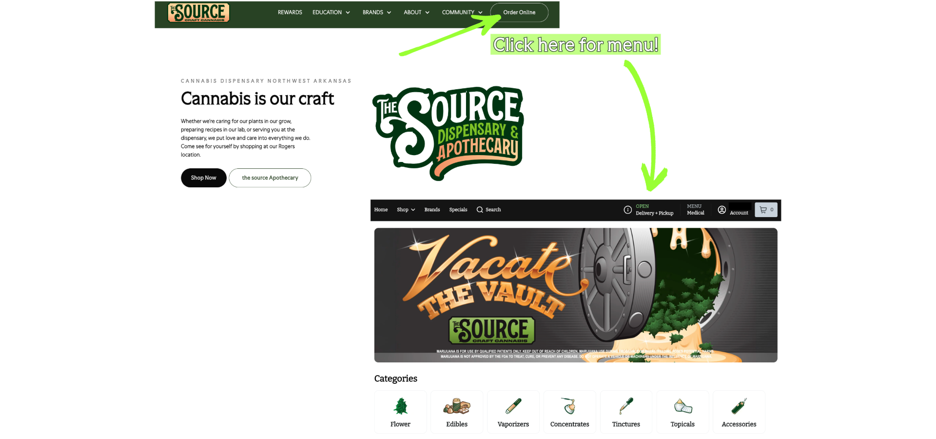 The Source Dispensary & Apothecary in Rogers, Arkansas website homepage with arrow pointing to "Order Online" button, showing the Dutchie Plus online menu with product categories including flower, edibles, vaporizers, concentrates, tinctures, topicals, and accessories.
