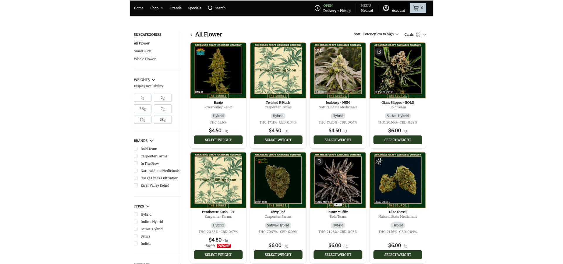 The Source Dispensary in Rogers, Arkansas online menu showing craft cannabis flower products from Bold Team, Carpenter Farms, In The Flow, Natural State Medicinals, and River Valley Relief, with THC percentages and tax-included pricing starting at $4.50 per gram.