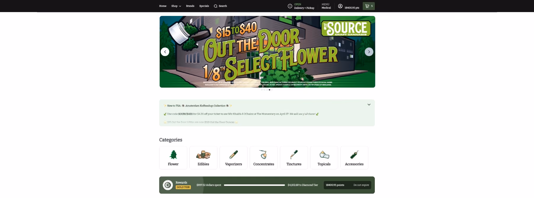 The Source Craft Cannabis dispensary in Rogers, Arkansas online menu homepage on Dutchie Plus showing a "$15 to $40 Out the Door 1/8th Select Flower" promotional banner, product categories including flower, edibles, vaporizers, concentrates, tinctures, topicals, and accessories, and a Gold Tier loyalty rewards tracker showing 18,400 points.